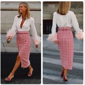 ZARA NEW WOMAN MIDI TEXTURED HOUNDSTOOTH SKIRT RASPBERRY REF: 8619/114_